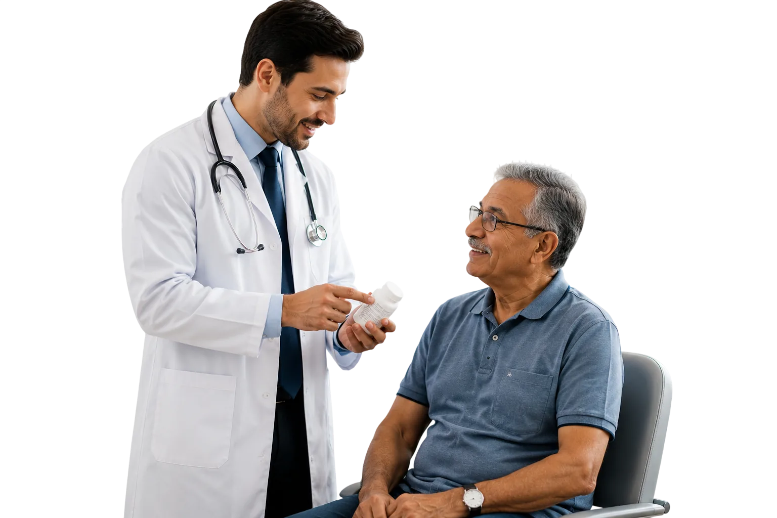 A doctor explaining a course of medication to a seated patient